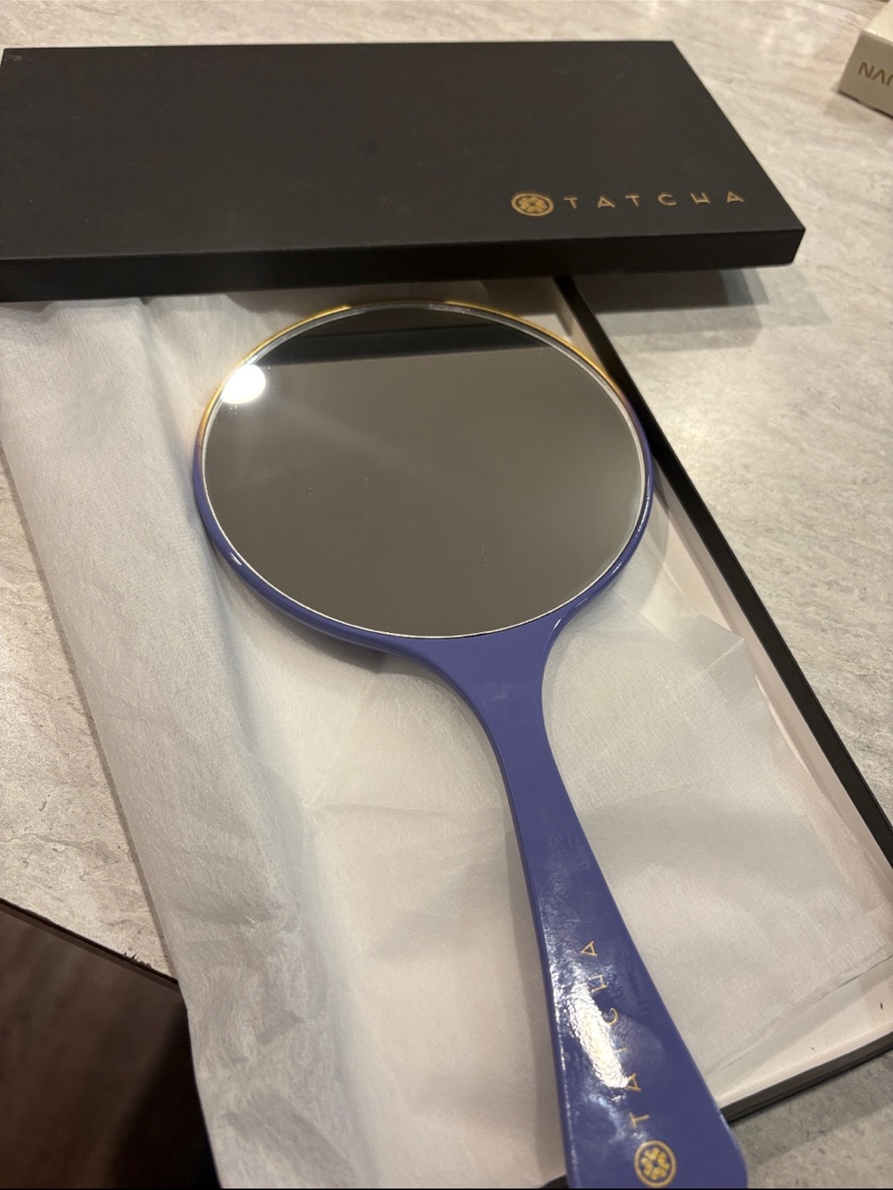 Tatcha Handheld Mirror in Periwinkle with Gold Accents